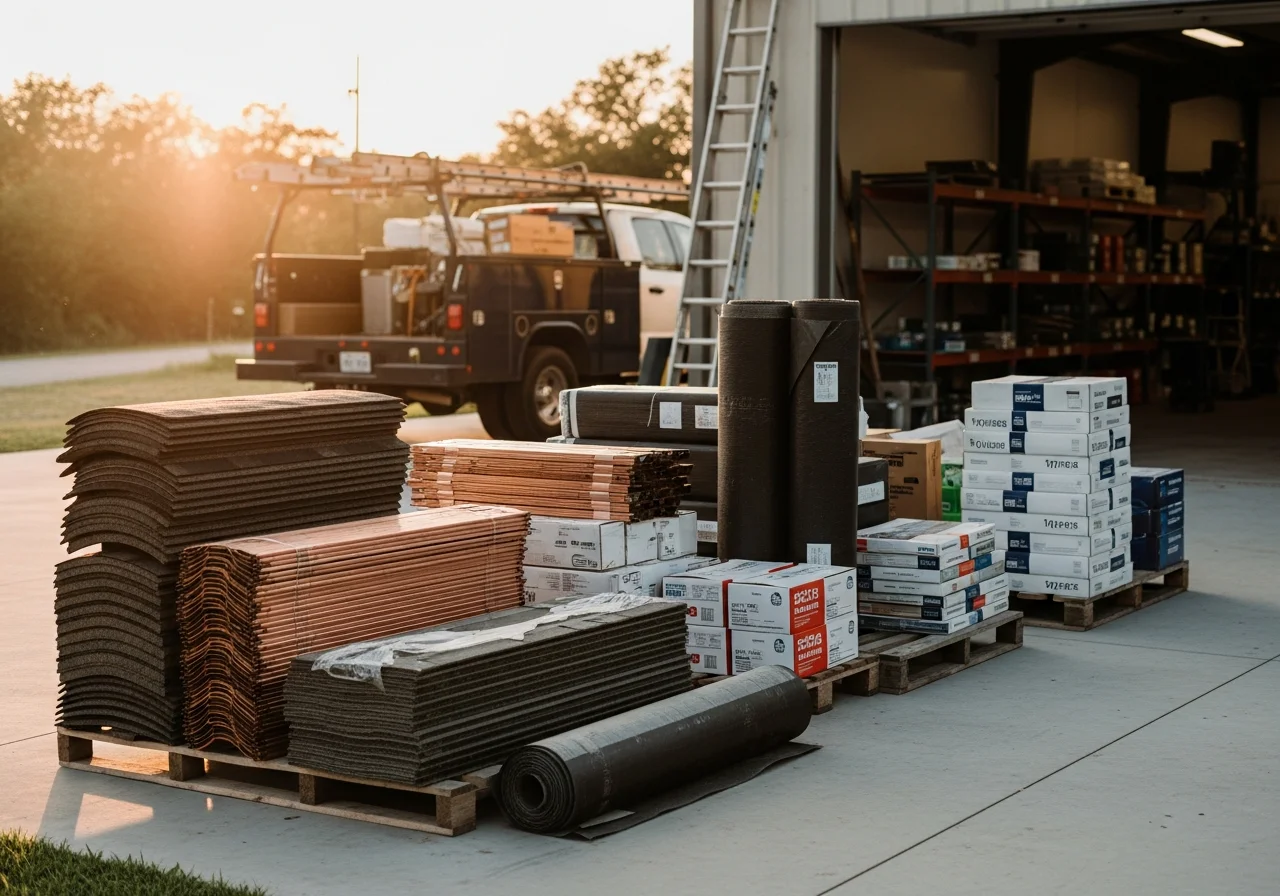 Professional roofing crew with tools and equipment ready for residential and commercial projects.