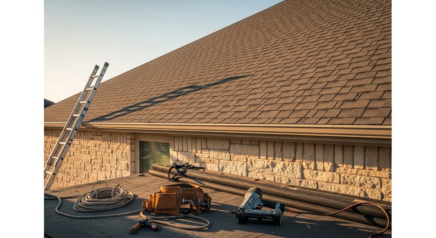 Residential home with newly installed asphalt shingle roof in Central Texas