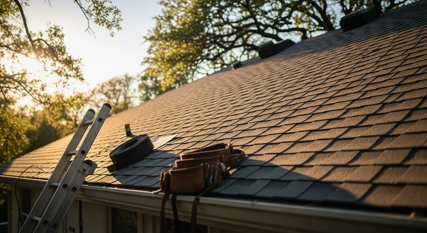 Professional roofer installing shingles on residential home in Central Texas