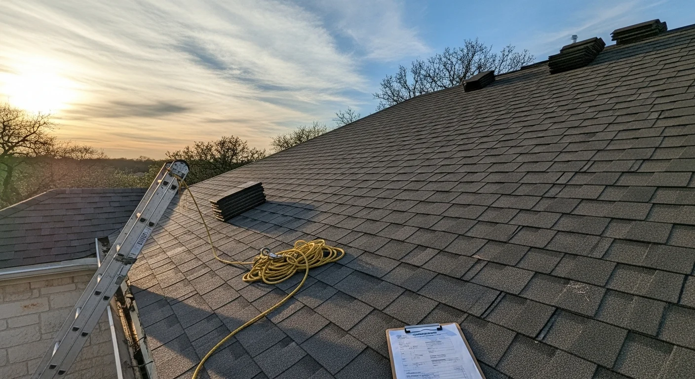 Roofer inspecting hail damage on residential roof after severe storm