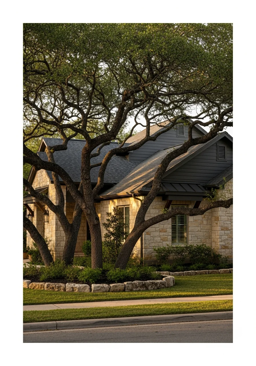 Close-up of a residential property in an Austin neighborhood with mature trees and established landscaping.