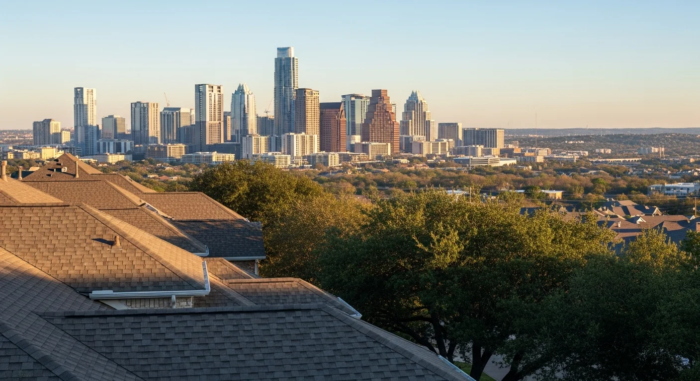 Wide view of Austin skyline with hill country landscape and residential neighborhoods in the foreground under clear sky.