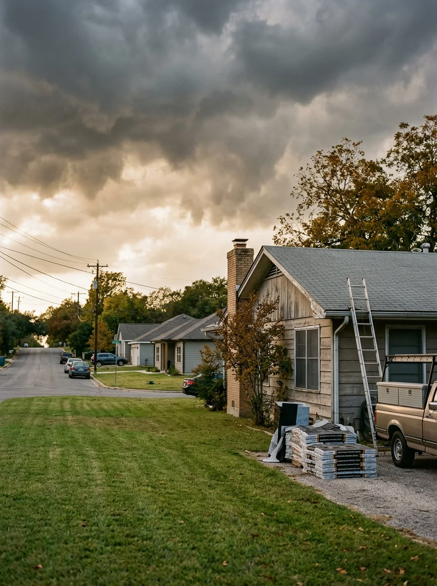 Bastrop residential neighborhood with mix of older and newer homes, green lawns, and storm clouds approaching