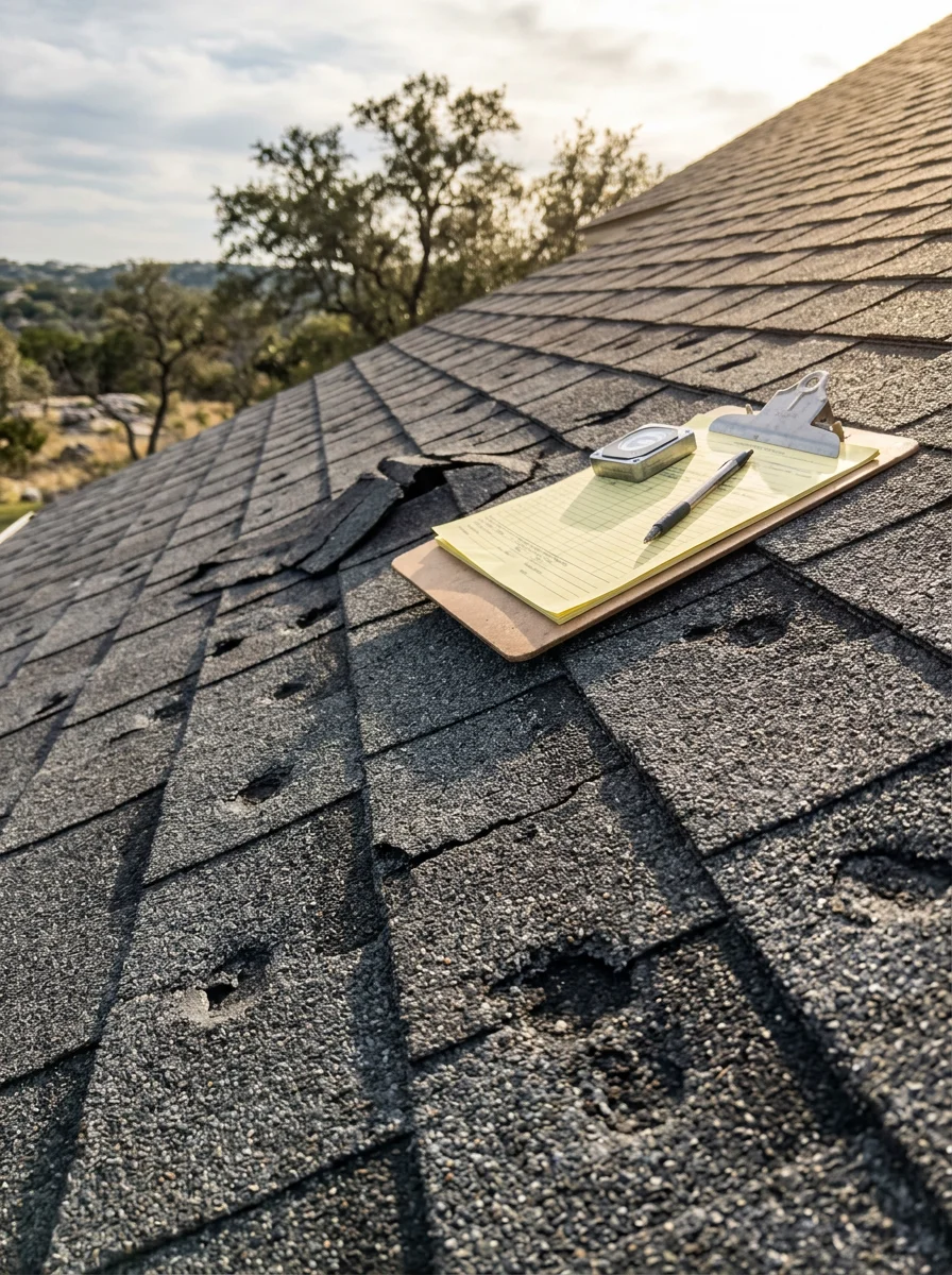 Hail damage inspection on asphalt shingle roof in Bee Cave with limestone terrain visible in background