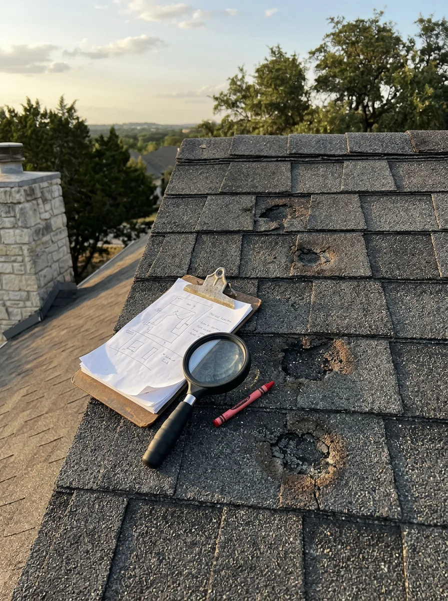 Hail damage inspection on Buda roof showing granule loss and bruising on asphalt shingles after Central Texas storm