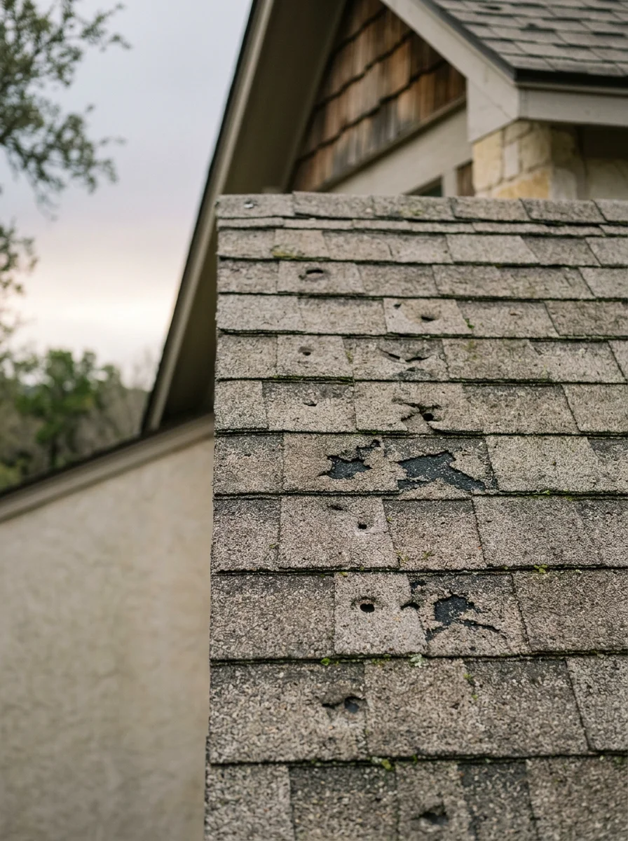 Hail damage on architectural shingles from spring severe weather in Dripping Springs