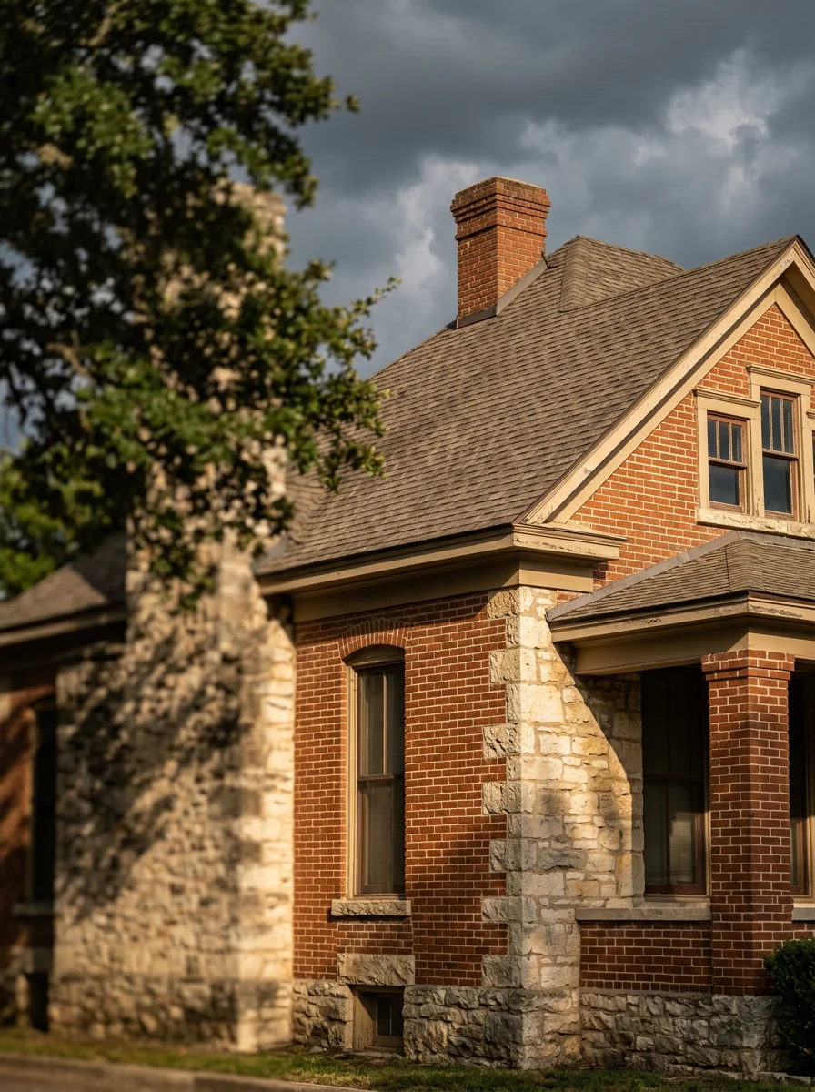 Mixed-material historic Elgin home with brick and limestone trim, showing traditional roof style against summer heat and storm clouds