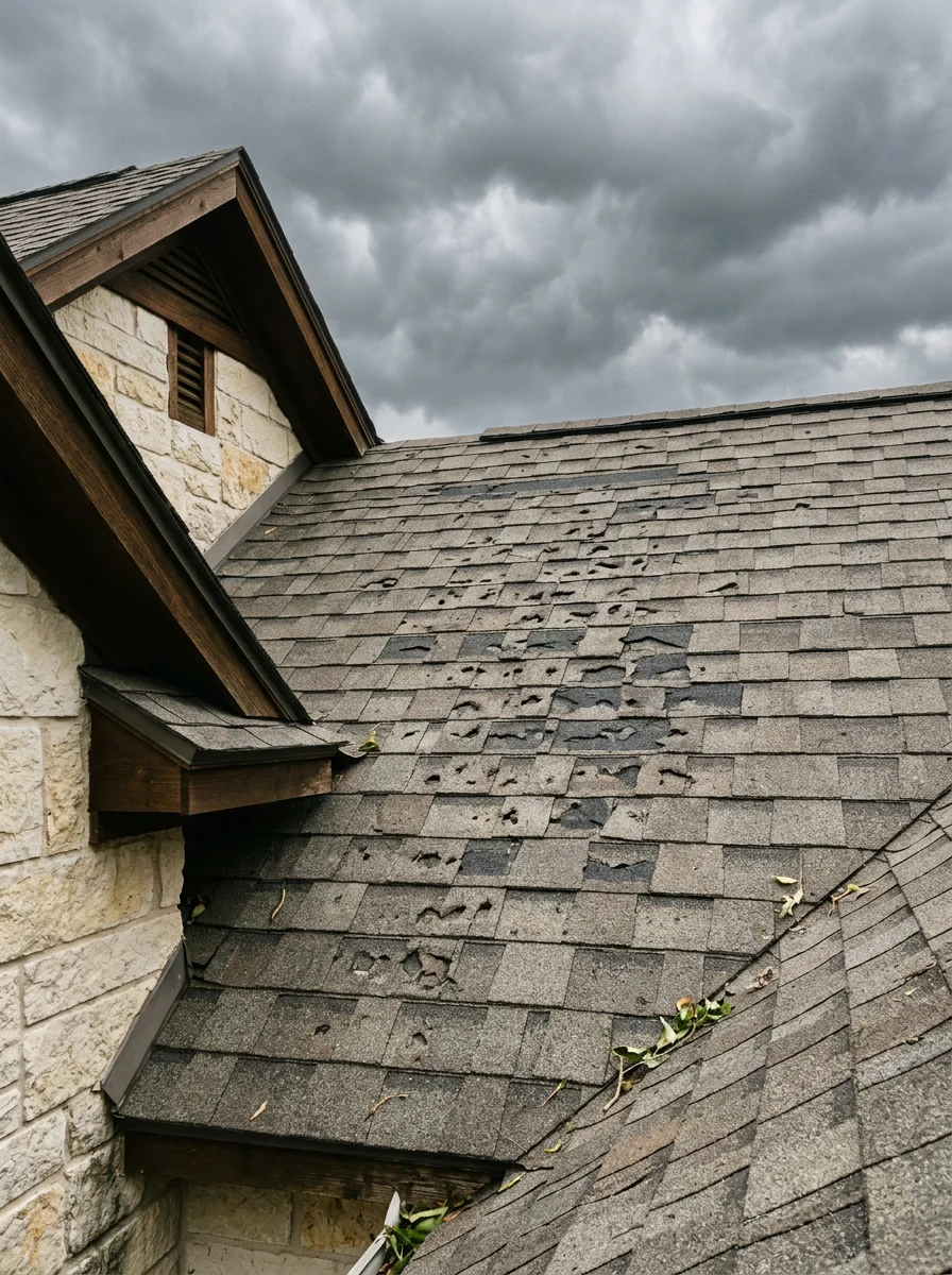 Hail damage on residential roof shingles in Georgetown neighborhood with storm clouds overhead