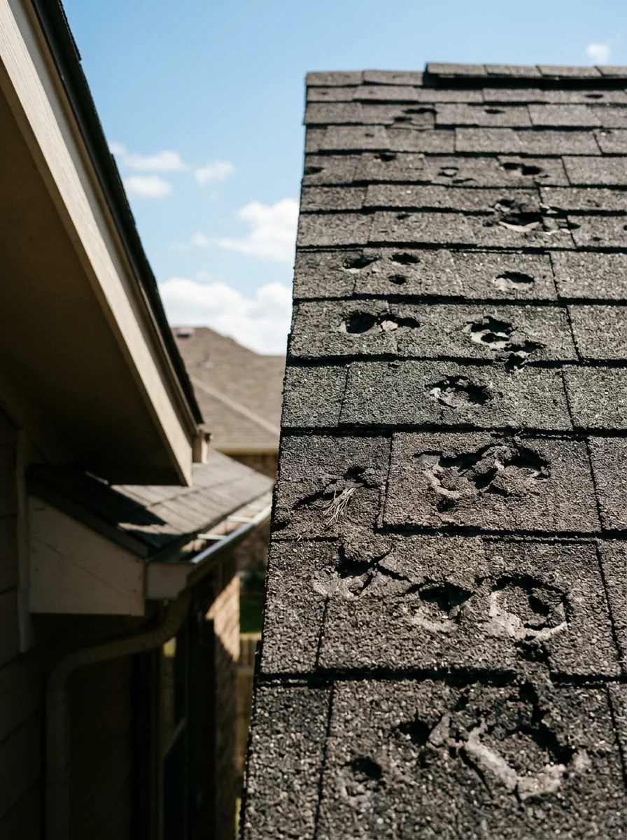 Hail damage on asphalt shingle roof in Hutto, showing impact marks from severe spring storm