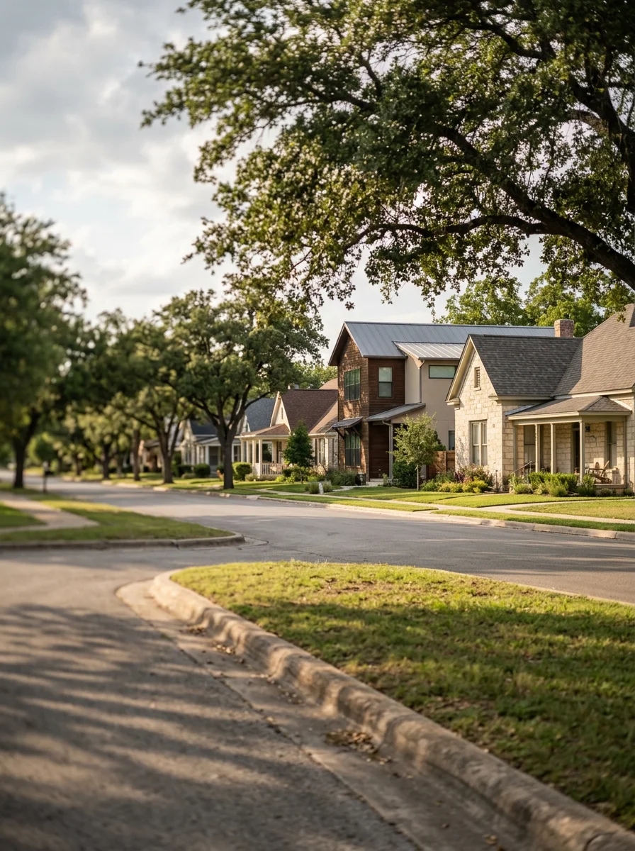 Mixed housing styles in Kyle from heritage homes to new construction subdivisions along tree-lined street