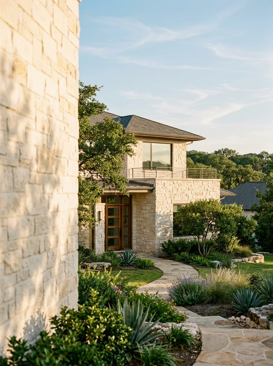 Modern Lakeway estate with TPO flat roof and stone exterior in gated community