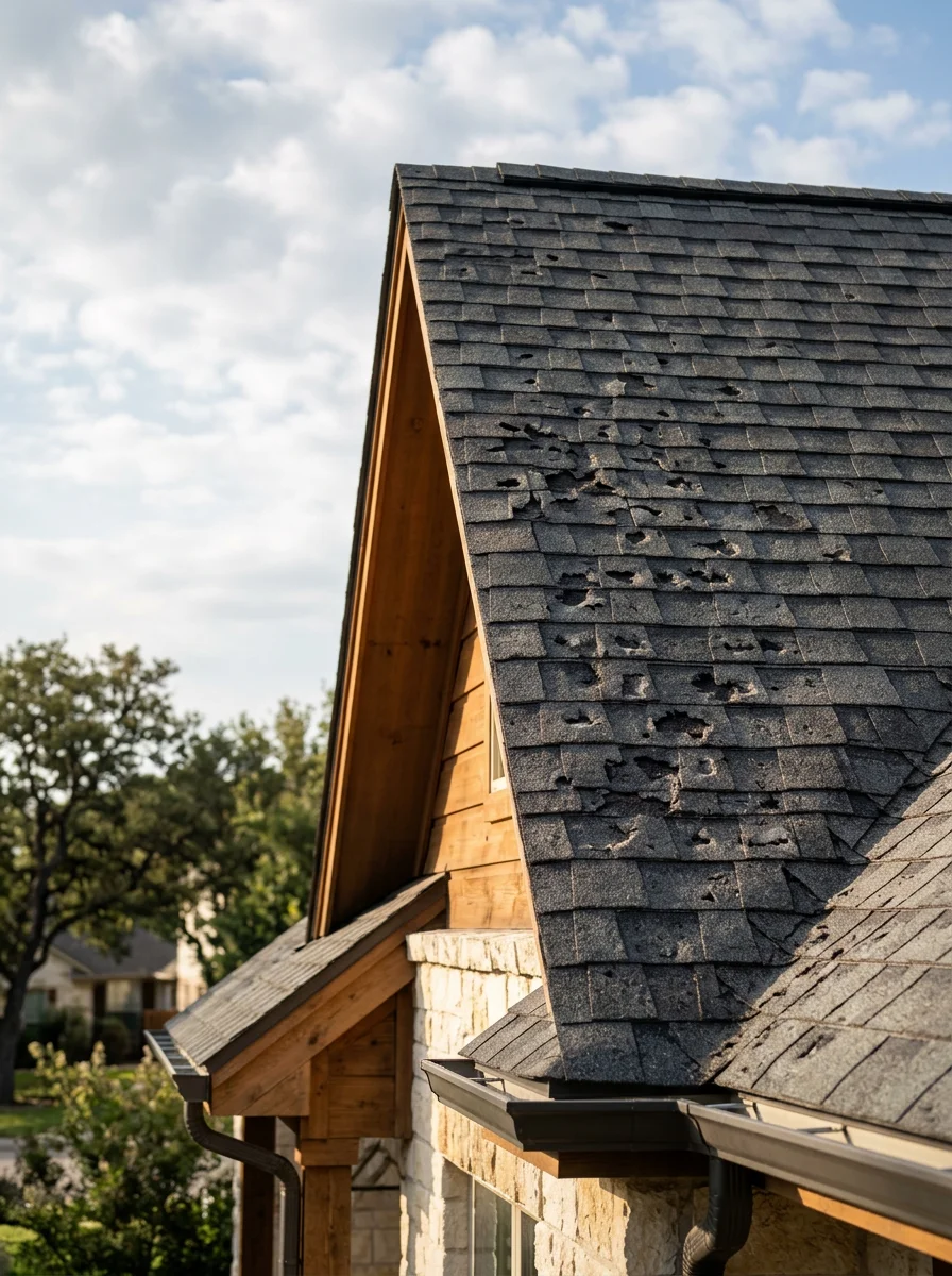Hail damage inspection on Leander home roof showing impact marks and shingle damage
