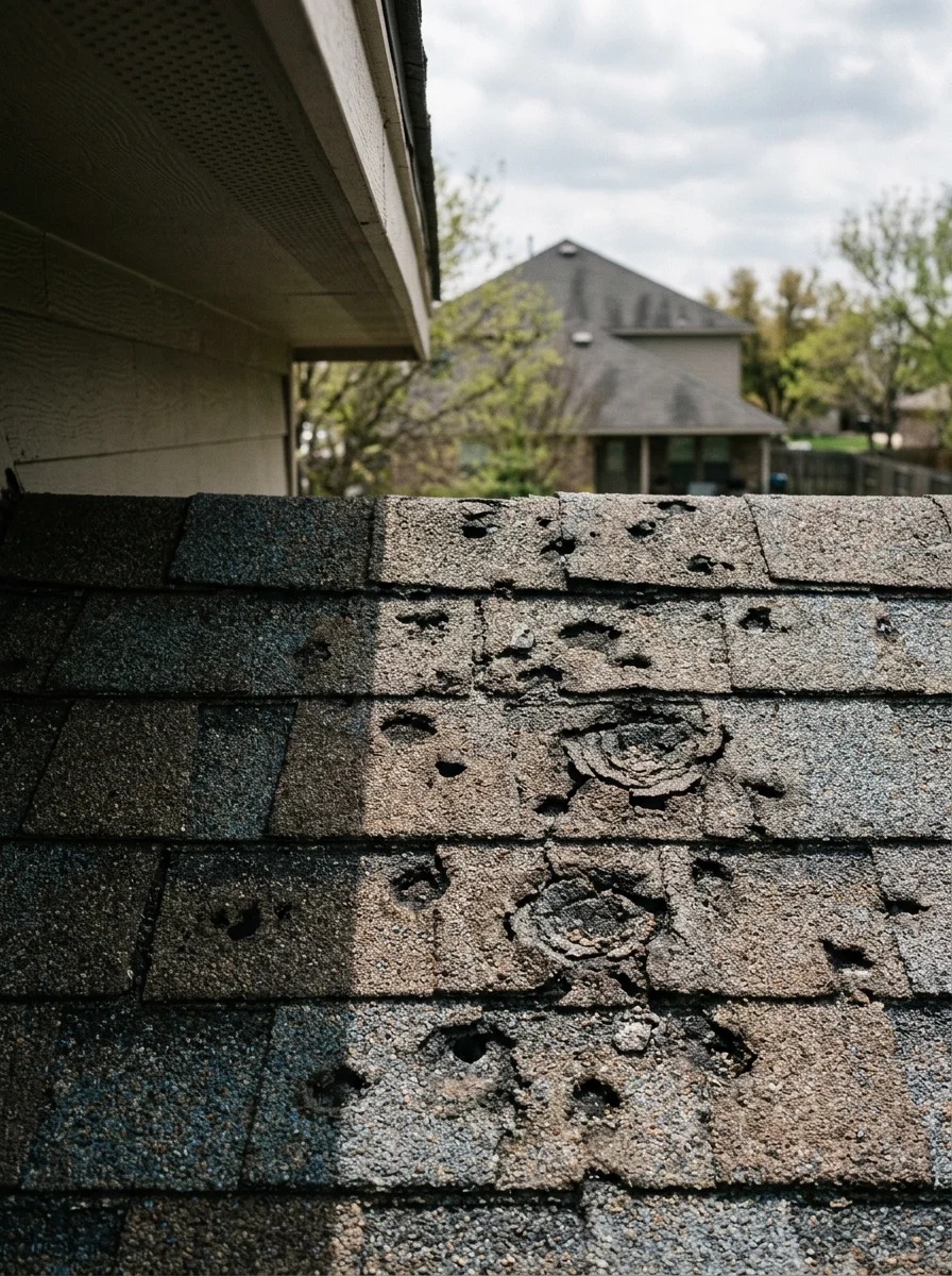 Close-up of hail damage on asphalt shingles typical of Manor roofs after spring storms
