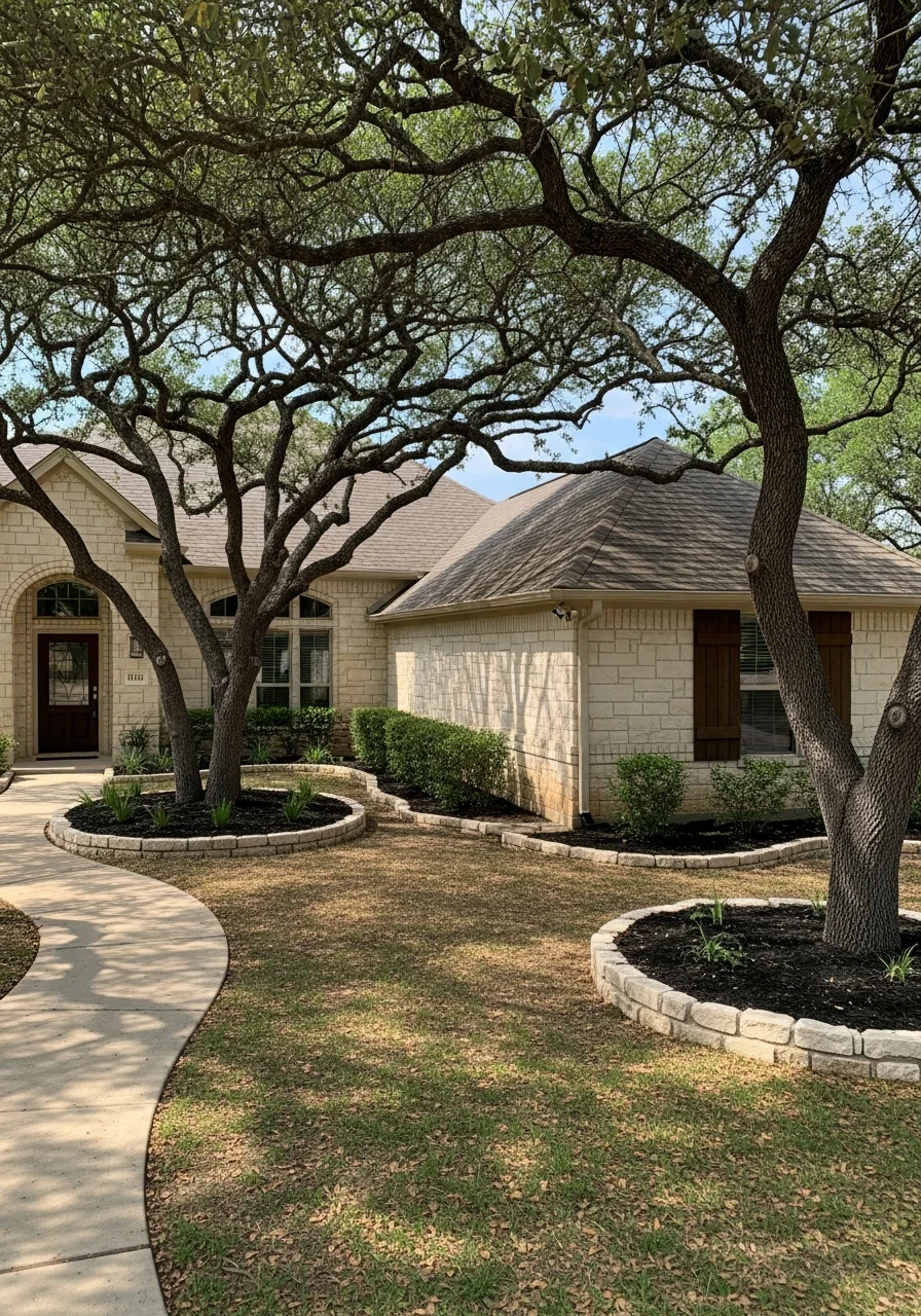 Detail of a New Braunfels property with established landscaping and community setting.