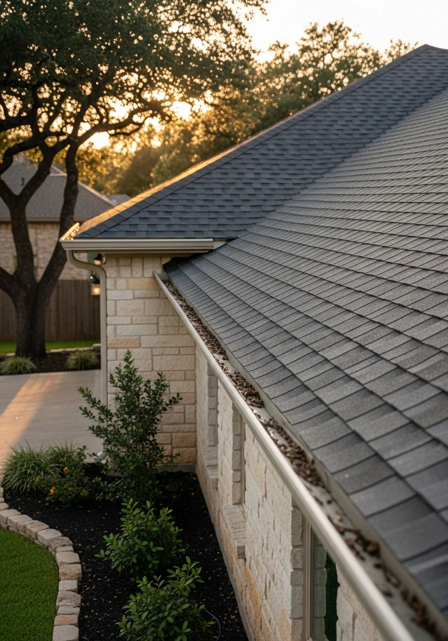Residential property in northeast Austin with new construction details and manicured landscaping.