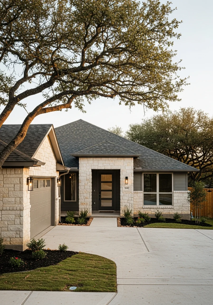 Entrance to a Pflugerville residential property with new construction and landscaping details.