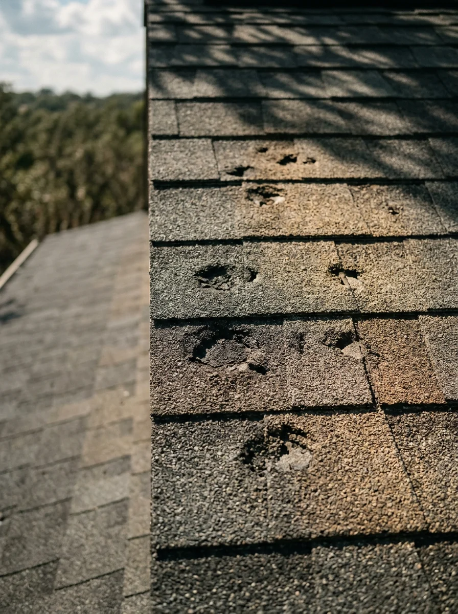 Close-up of hail damage on asphalt shingles with granule loss and dents, partially hidden by tree shadow on Rollingwood roof