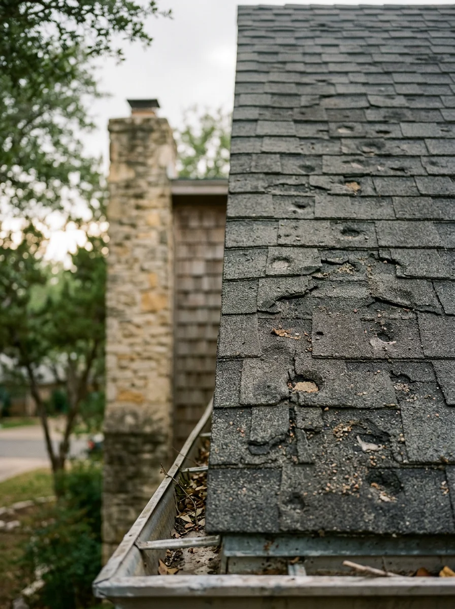 Hail damage visible on asphalt shingles of a 1980s-era West Lake Hills home, showing granule loss and impact marks