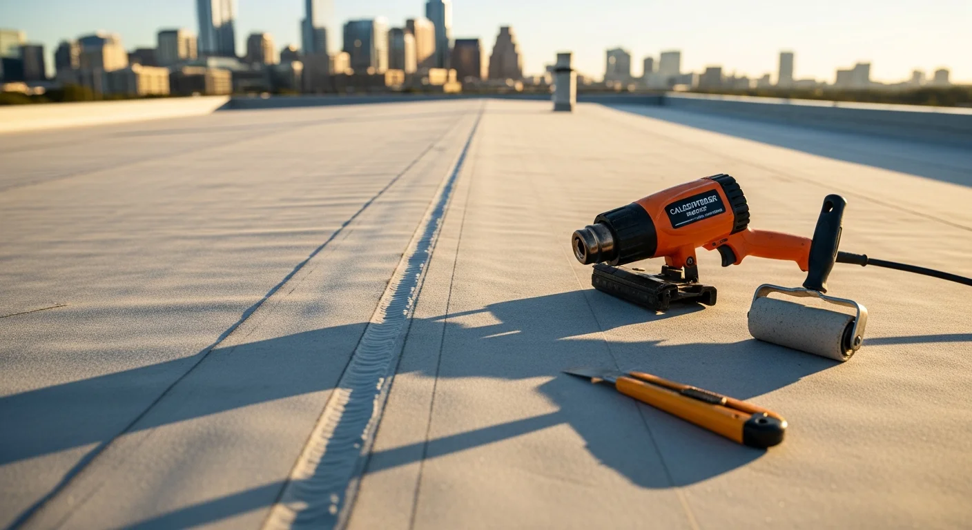 A flat commercial rooftop in Austin, TX showing a completed roofing installation with clean seams and rooftop HVAC units. The surrounding Austin skyline is visible in the background under a clear Texas sky.
