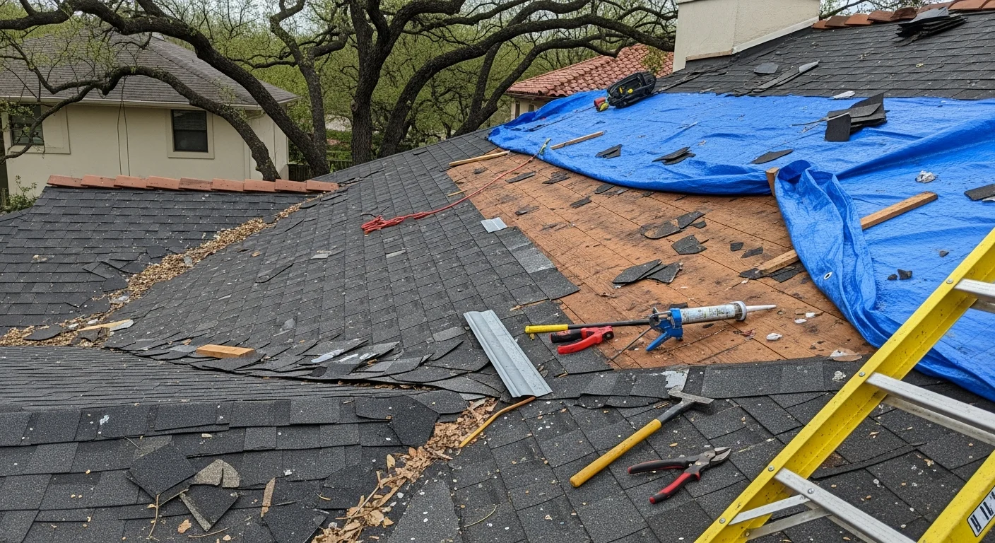 A residential roof in Austin, Texas showing storm damage including missing shingles and exposed roof deck after a hail and wind event. A Parco Roofing Group crew member inspects the damaged area from a ladder during a post-storm emergency assessment.