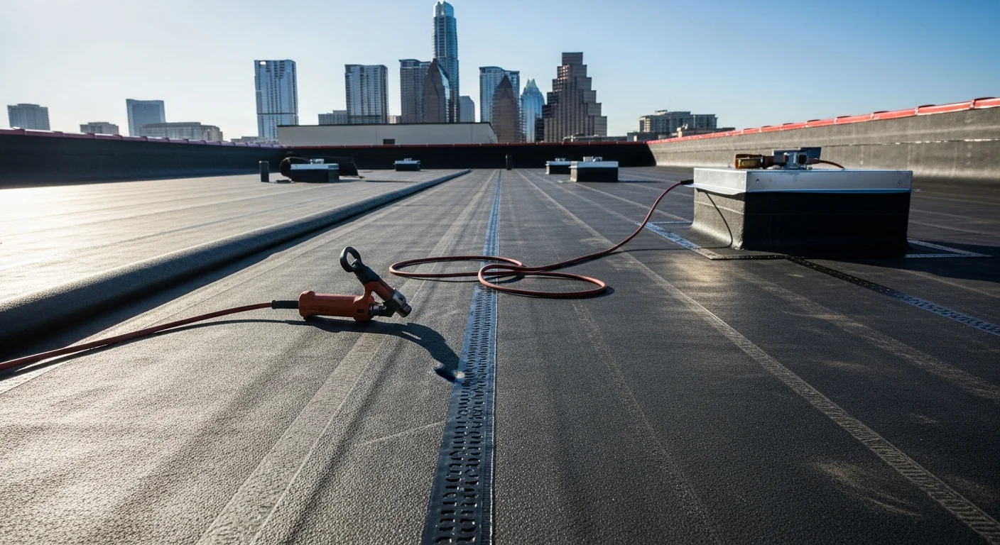 A completed EPDM rubber membrane roof on a flat commercial building in Austin, Texas, showing smooth dark membrane surface with clean seams and rooftop HVAC equipment. Close-up view highlights the single-ply installation on a low-slope structure typical of Austin commercial construction.