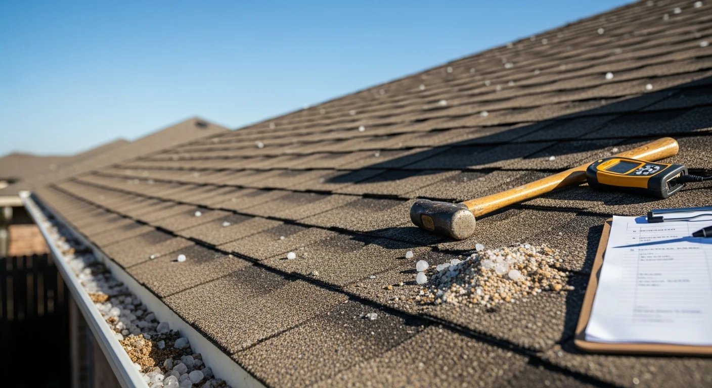 A close-up view of an Austin residential roof showing hail impact marks, granule loss, and dented metal flashing after a Central Texas hailstorm. A Parco Roofing Group inspector documents damage points on a steep-slope shingle roof with a suburban Austin neighborhood visible in the background.