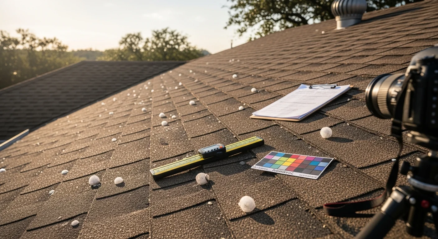 A Parco Roofing Group inspector documenting hail impact damage on an Austin residential roof, with a tablet and photo report visible. Close-up view of granule loss and shingle bruising consistent with Central Texas storm damage.