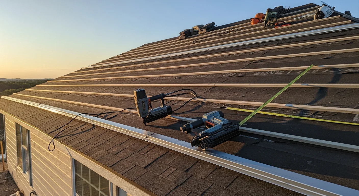 A completed standing seam metal roof on a residential home in Austin, Texas, showing clean panel lines and a finished ridge cap under a clear Central Texas sky. The roof sits on a single-story home typical of Austin neighborhoods, with no visible storm damage or wear.