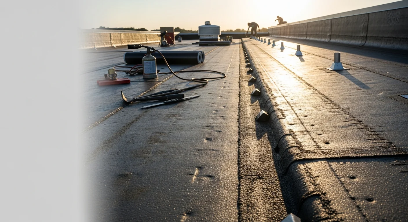 A completed modified bitumen roofing installation on a flat commercial building in Austin, Texas, showing a smooth, sealed membrane surface with clean flashing details around rooftop HVAC units. The surrounding Austin skyline and clear Texas sky are visible in the background.