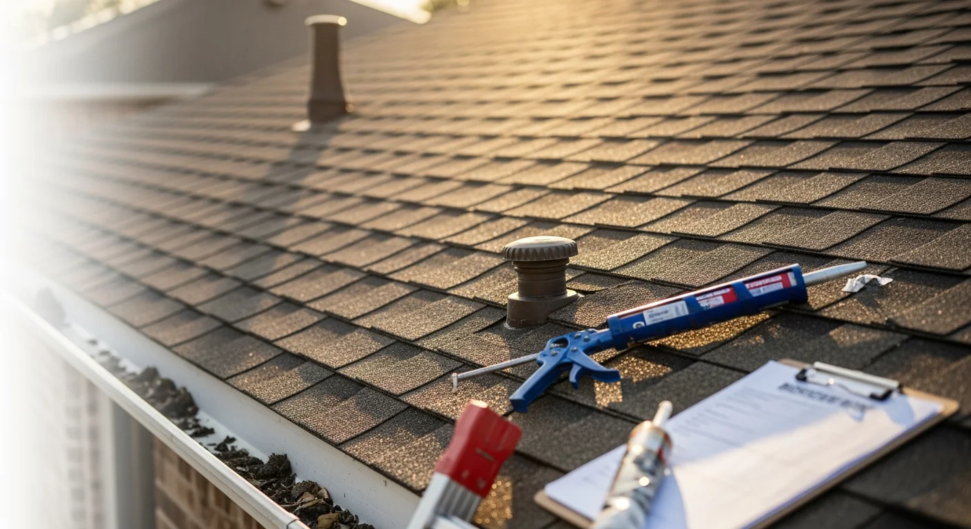 A Parco Roofing Group technician inspecting shingles and flashing on a residential roof in Austin, Texas. The image shows a close-up view of a roof surface with visible flashing details and clear blue Texas sky in the background.