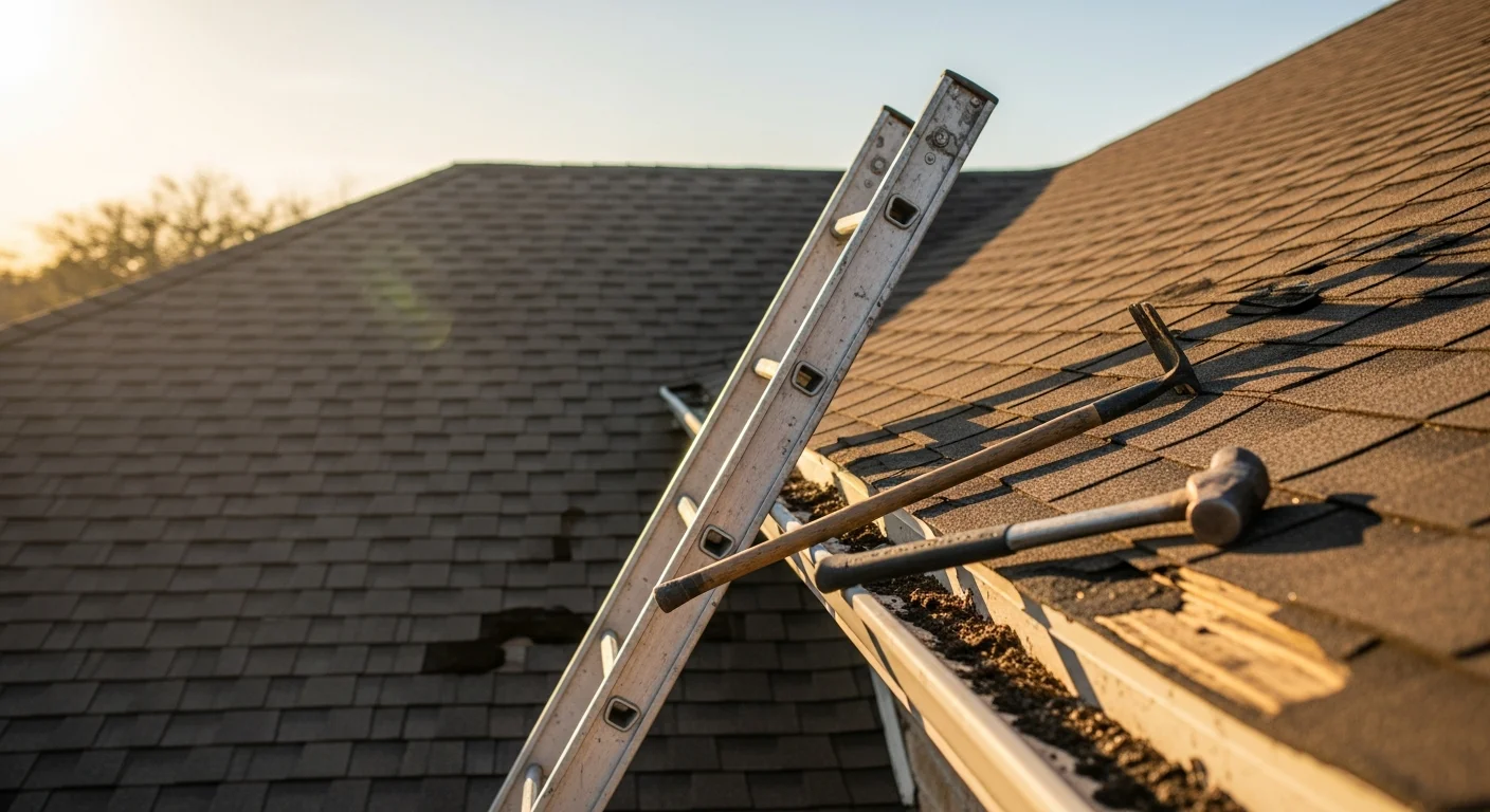 A residential roof on an Austin home showing freshly installed shingles and sealed flashing after storm damage repair. The surrounding Central Texas landscape and clear sky are visible in the background.