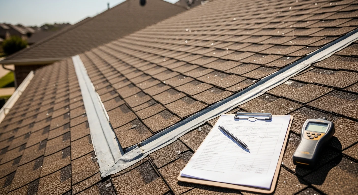 A Parco Roofing Group inspector examining shingle condition and flashing detail on a residential roof in Austin, Texas. Close-up view shows granule wear and valley flashing typical of Central Texas homes.