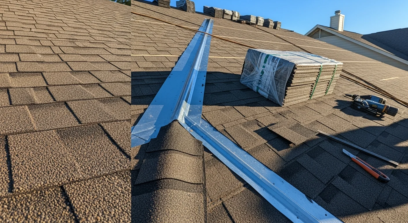 A completed residential roof installation on an Austin, Texas home, showing clean ridge lines, uniform shingle layout, and finished flashing along the edges. The home sits under a clear Central Texas sky with a pitched roof profile suited to local weather conditions.