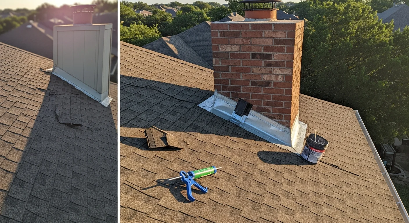 A Parco Roofing Group crew member repairing damaged flashing and shingles on a residential roof in Austin, Texas. The repair targets a storm-related leak point near a rooftop vent on a single-family home.
