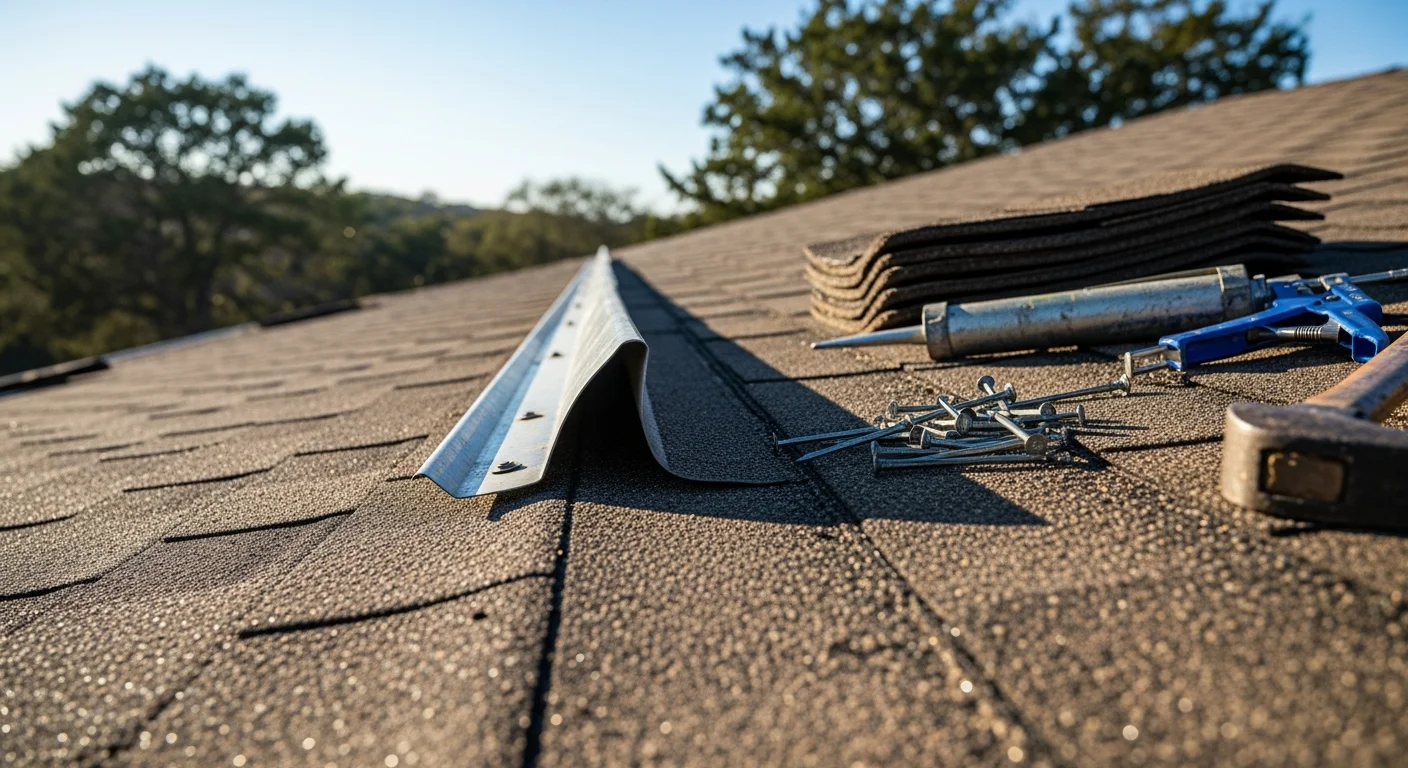 A Parco Roofing Group crew member inspecting storm-damaged shingles on a residential roof in Austin, Texas. Close-up view shows granule loss and lifted shingle edges consistent with Central Texas hail and wind damage.