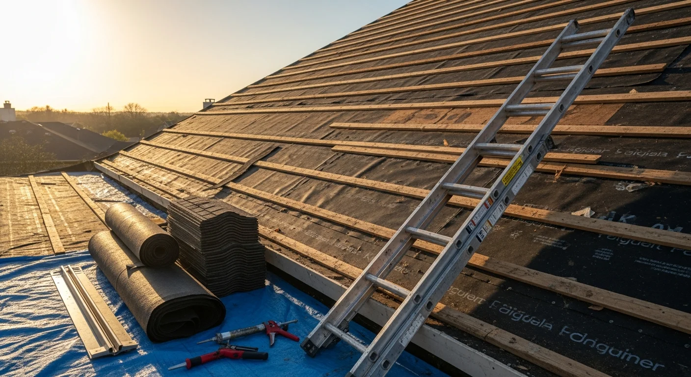 A completed residential roof replacement on an Austin, Texas home showing new roofing installed across a gable-style roof with clean ridge lines and uniform coverage. The surrounding Central Texas landscape and clear sky are visible in the background.