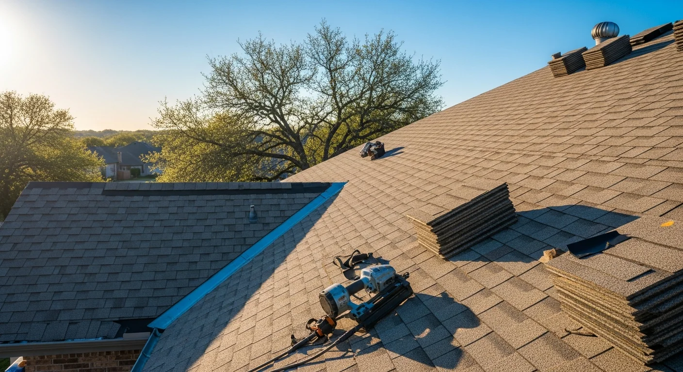 A completed residential shingle roof installation on a single-family home in Austin, Texas, showing uniform shingle alignment, clean ridge capping, and properly sealed flashing around roof penetrations. The surrounding Central Texas landscape and clear sky are visible in the background.
