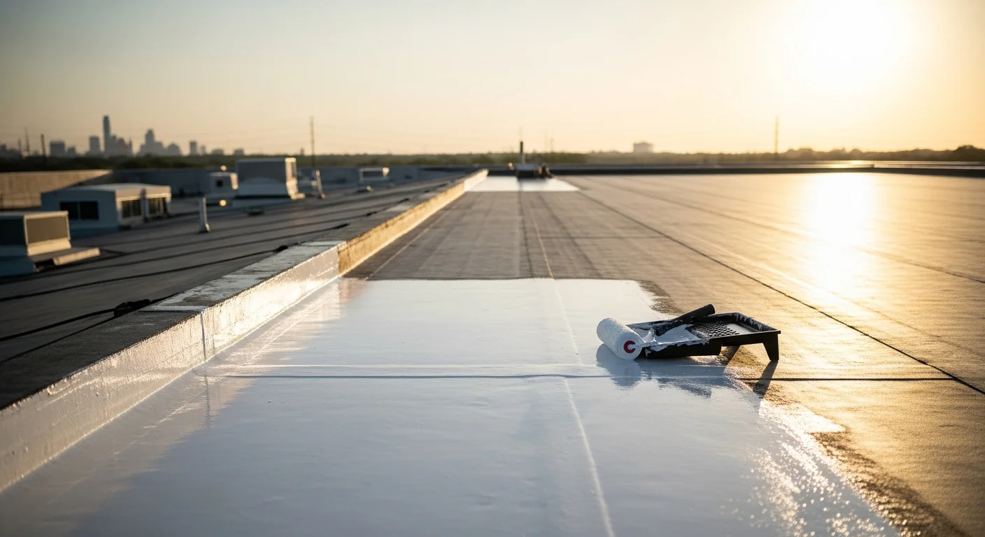 A flat commercial roof in Austin, Texas with a freshly applied white silicone coating reflecting sunlight across the full membrane surface. The seamless coating covers the entire low-slope roof deck of a multi-unit commercial building with rooftop HVAC equipment visible in the background.