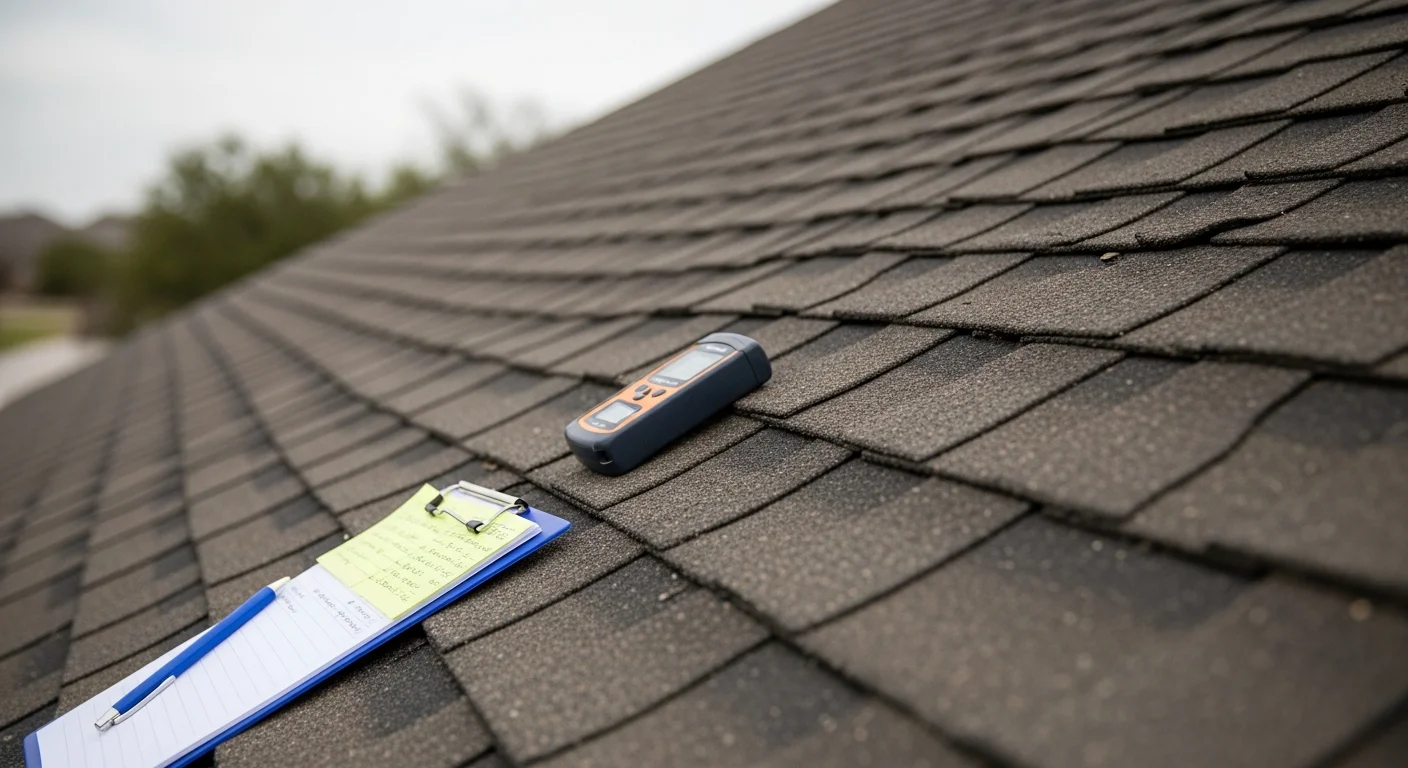 A residential rooftop in Austin, Texas showing hail impact bruising and granule loss on asphalt shingles after a spring storm. A Parco Roofing Group inspector documents the damage on the roof surface during a post-storm assessment.