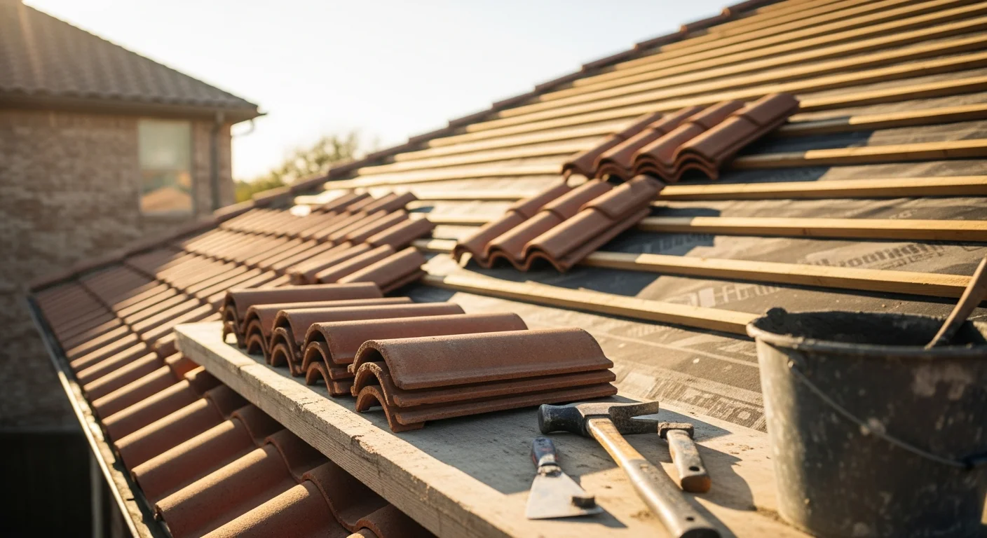 A residential home in Austin with a newly installed clay tile roof, showing clean ridge lines and intact tile courses under bright Texas sunlight. The roof sits above a single-family home with a pitched structure typical of Central Texas residential construction.