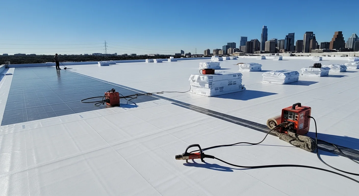A completed TPO roofing installation on a flat commercial building in Austin, Texas, showing a white reflective membrane with clean heat-welded seams across a large low-slope roof deck. The surrounding urban Austin skyline is visible in the background under a clear, sunny Texas sky.